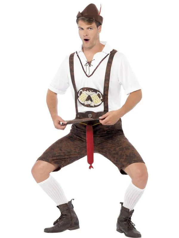 Bruine lederhosen outfit met braadworst