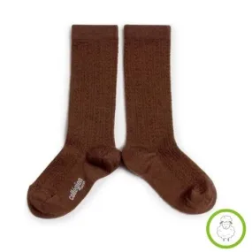 Collegien Adele - Chaussettes hautes laine Merinos maille ajouree Chocolat au lait | kniekousen