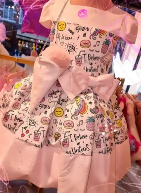 Unicorn jurk roze funny met bijpassende tasje 